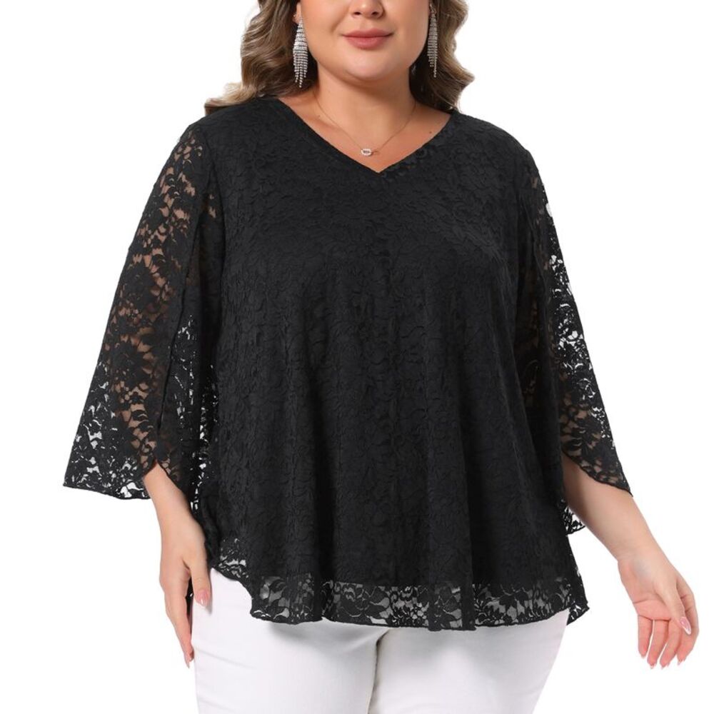 Women Plus Size Double Layers V Neck 3/4 Bell Sleeve Lace Tops Black